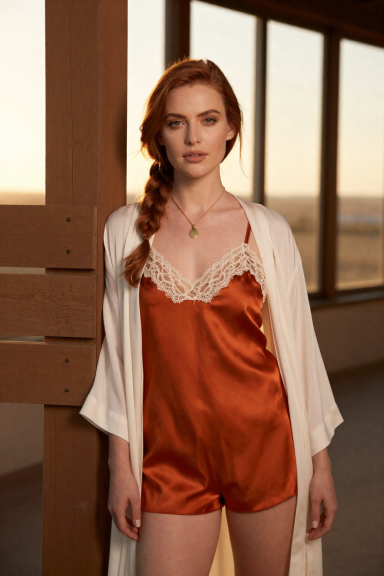 ExploreAiPron muse in a rust-orange silk set beside the trail-marker post