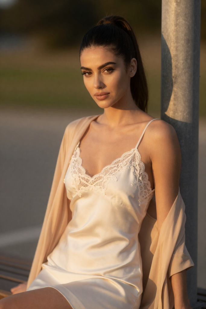 ExploreAiPron muse in a cream silk slip seated by the marker post at golden hour